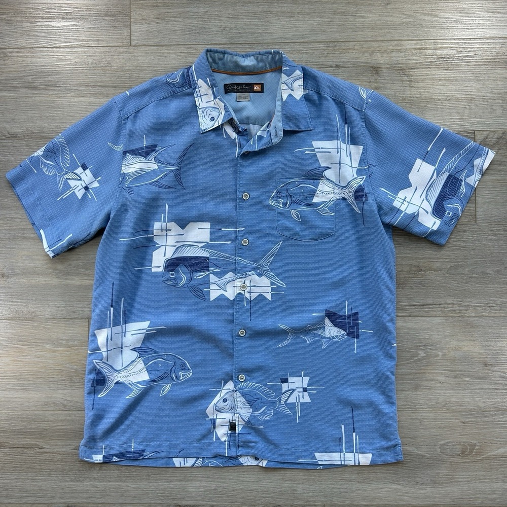 Quiksilver Waterman Shirt Mens Large Blue Fish Hawaiian Button Up 90s Skate Surf